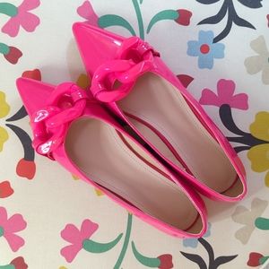 Bright Pink Pointed Toe Flats with Chain Detail, Never Worn, Size 40